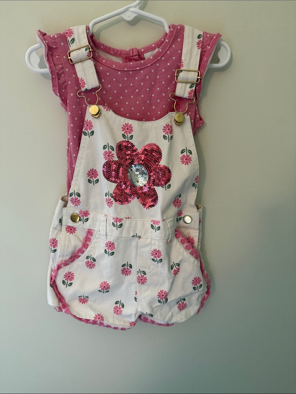 Little Lass Cream and Pink Floral Sequin Shortalls